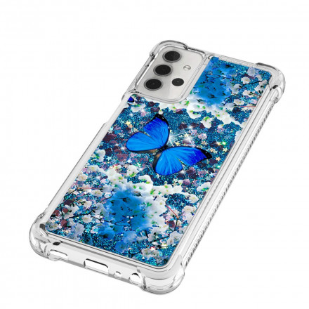 Samsung Galaxy A32 5G Glitter Blauw Vlinders Hoesje
