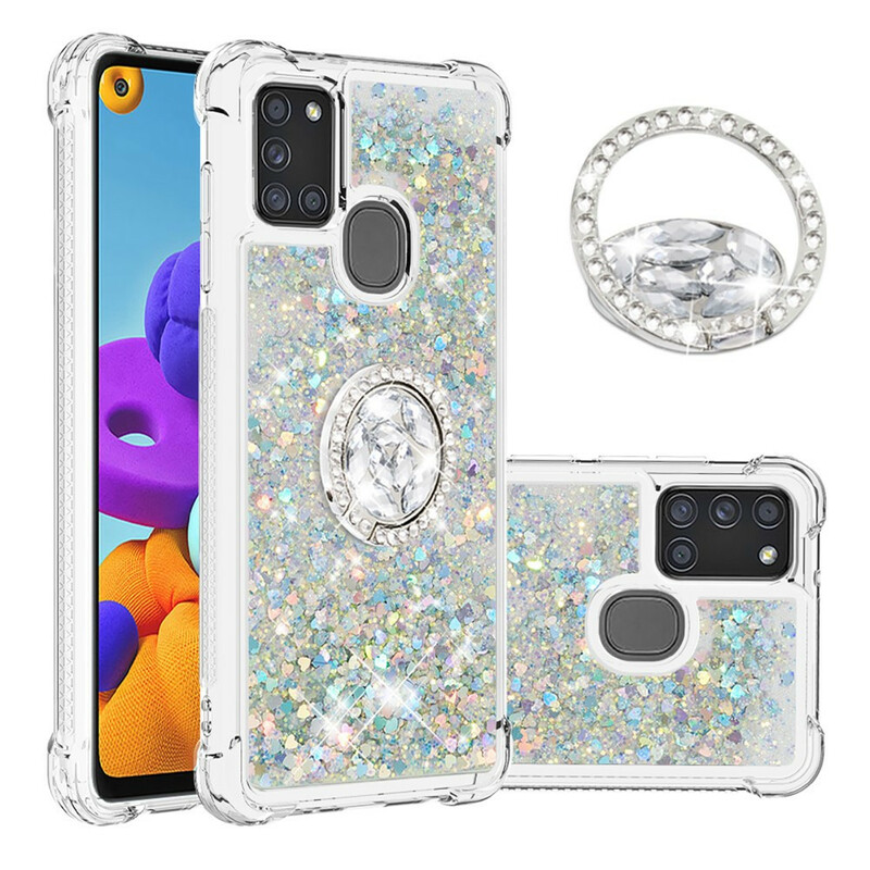 Samsung Galaxy A21s Glitter Hoesje met Ring Ondersteuning Samsung Galaxy A21s Glitter Hoesje met Ring Ondersteuning