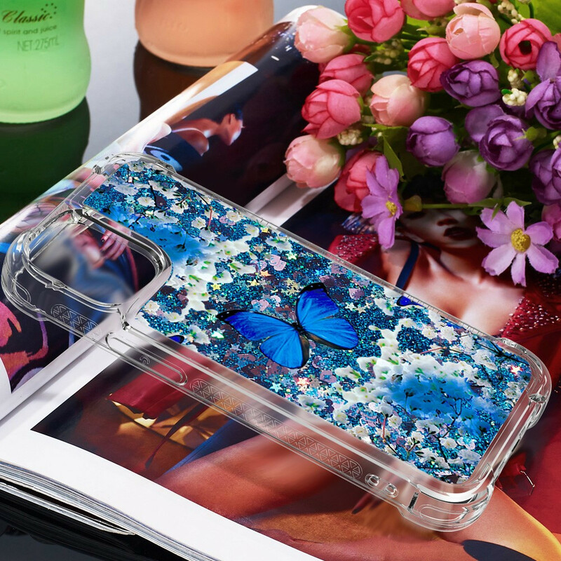 iPhone 13 Pro Case Blauw Vlinders Glitter