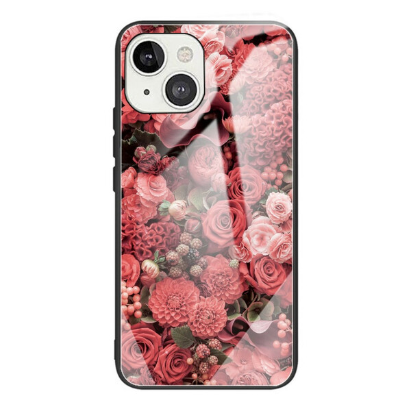 Beschermhoesje iPhone 13 getemperd glas roze bloemen