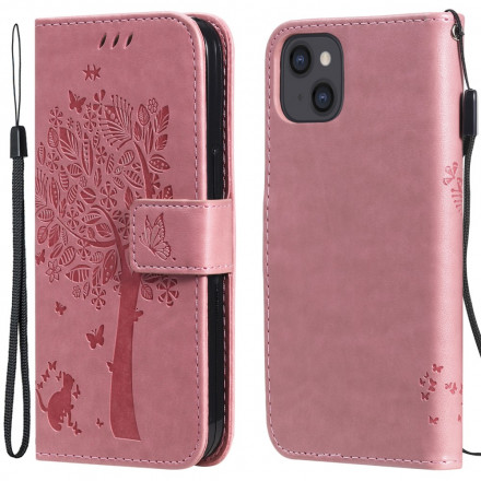 Hoesje voor iPhone 13 Boom en kat met sleutelkoord