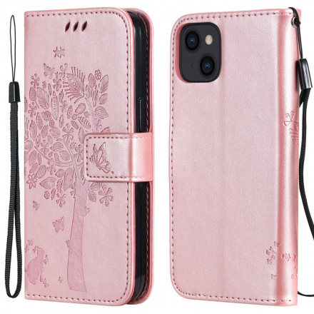 Hoesje voor iPhone 13 Boom en kat met sleutelkoord