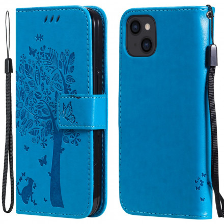 Hoesje voor iPhone 13 Boom en kat met sleutelkoord