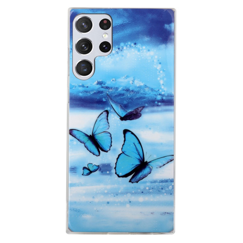 Samsung Galaxy S22 Ultra 5G Blauw Vlinders Hoesje