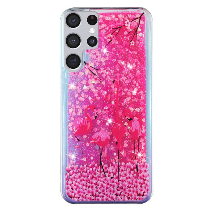 Samsung Galaxy S22 Ultra 5G Pailletten Roze Flamingo Hoesje