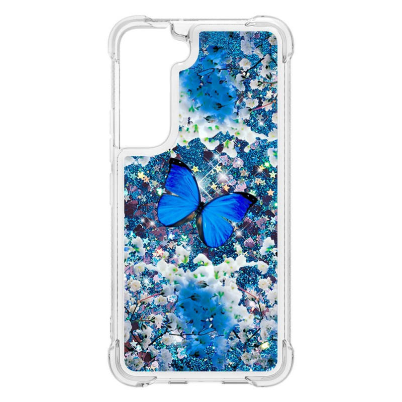 Samsung Galaxy S22 5G Glitter Blauw Vlinders Hoesje