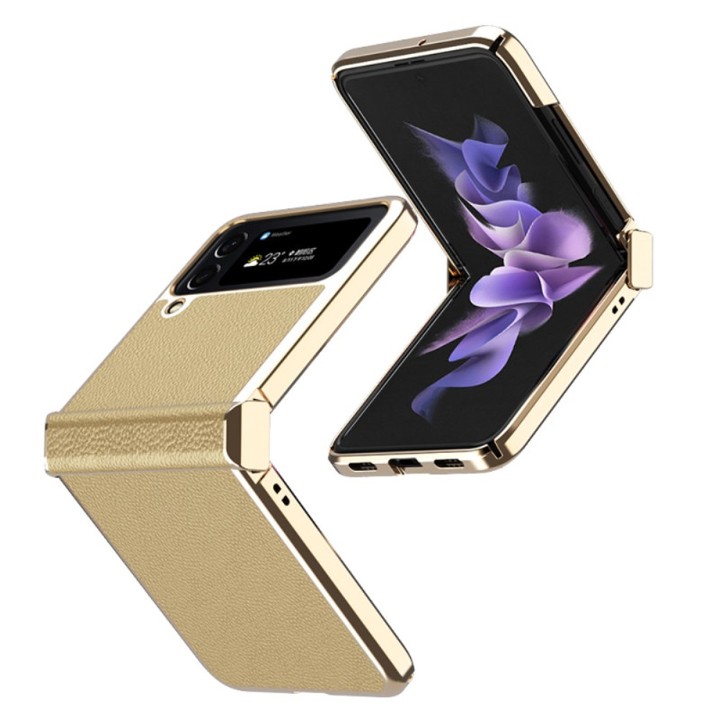 Samsung Galaxy Z Flip 4 Lederen Hoesje Lychee Metalen Randen