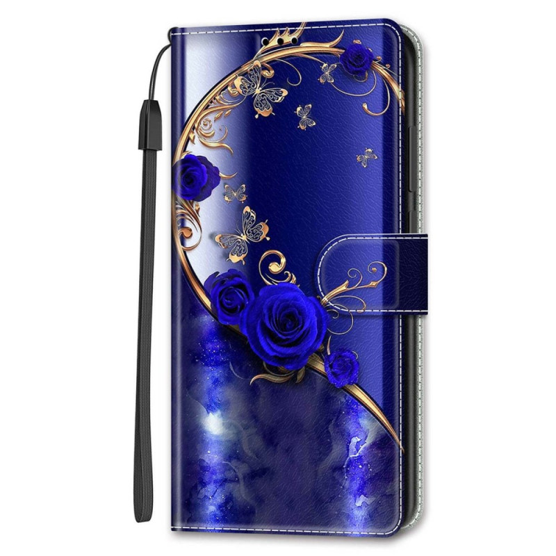 Samsung Galaxy S24 5G Hoesje Blauwe Rozen en Gouden Vlinders met Koord
pje