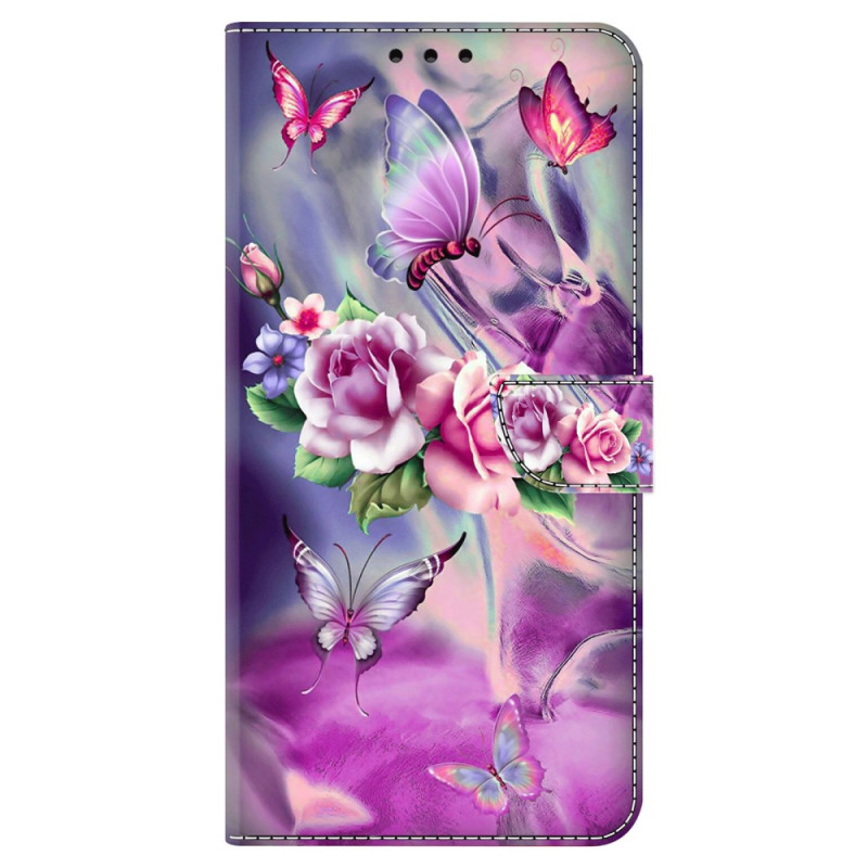 Moto G84 5G hoesje vlinders en paarse bloemen
