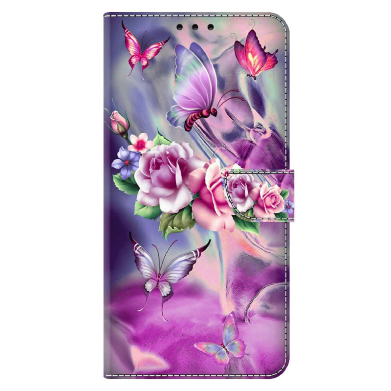 Moto G54 5G Hoesje Vlinders en paarse bloemen