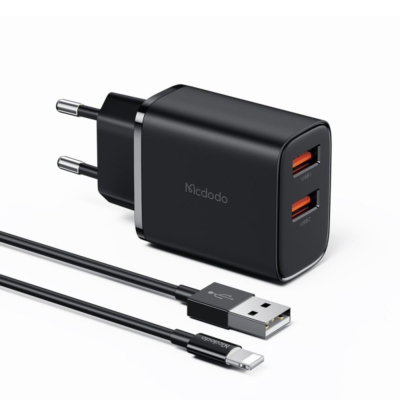 Wandoplaadset met 2 USB-A 2.4A, USB naar iP-kabel en MCDODO Reisadapter