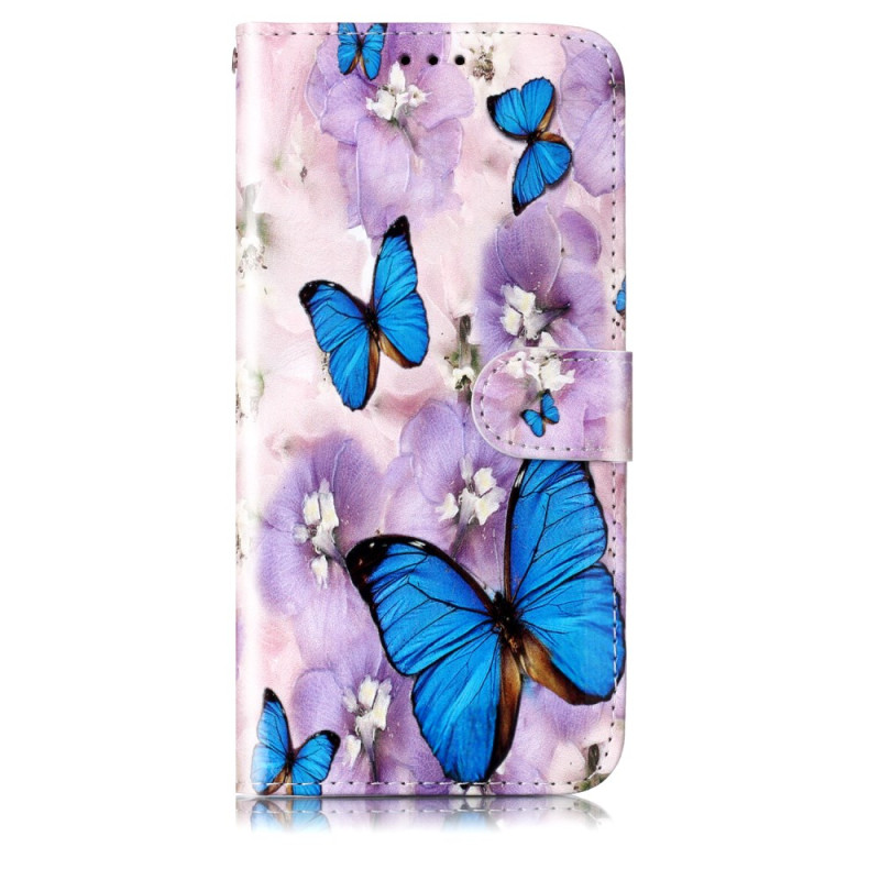 Samsung Galaxy S24 Plus 5G Blauw Vlinders en Paarse Bloemen Strap Hoesje