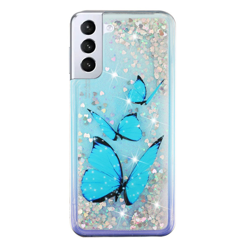 Samsung Galaxy S24 Plus 5G Vloeibaar Glitter Blauw Vlinders Hoesje