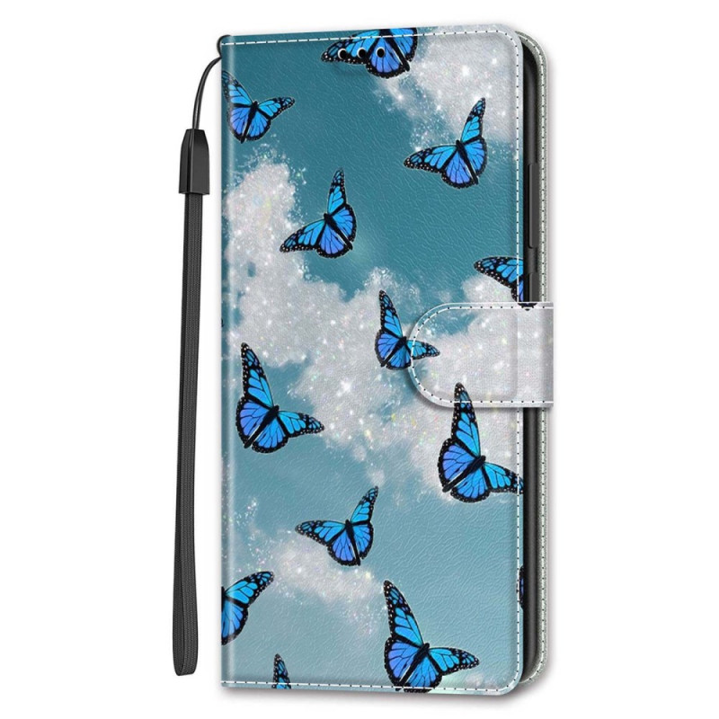 Samsung Galaxy S24 Ultra 5G Etui Witte Wolken en Blauwe Vlinders met Koord
pje