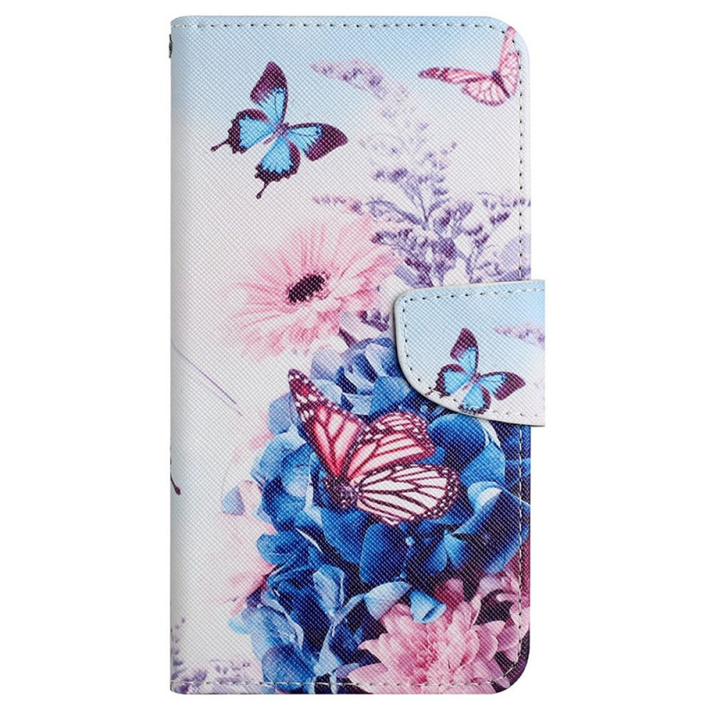 Samsung Galaxy A05s Paarse vlinders en bloemen riem hoesje