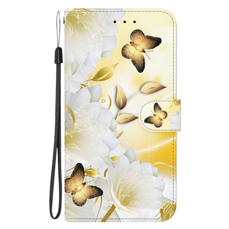 Honor 90 Lite Gouden Vlinders en Witte Bloemen Strap Case