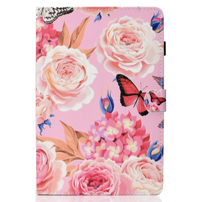 Samsung Galaxy Tab A7 Lite hoesje Bloemen en vlinders op roze achtergrond