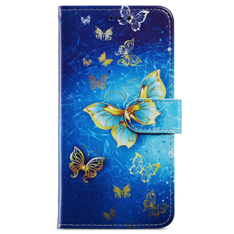 Etui Oppo A79 5G Gouden vlinders op blauwe achtergrond met bandje