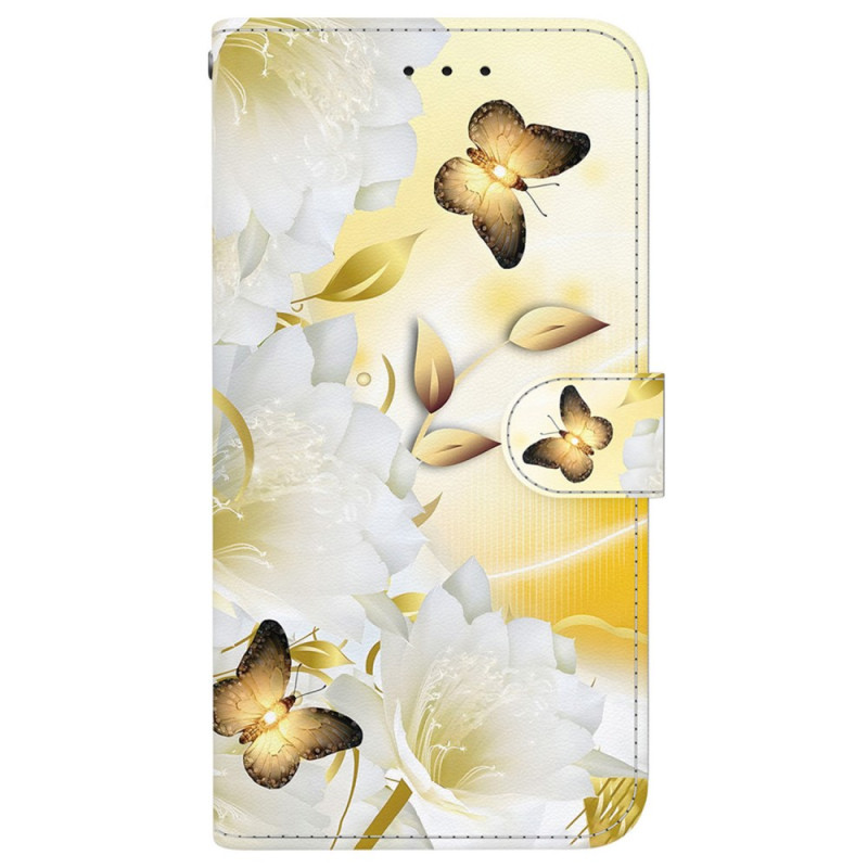 Motorola Edge 50 Ultra Gouden Vlinders en Witte Bloemen Strap Case