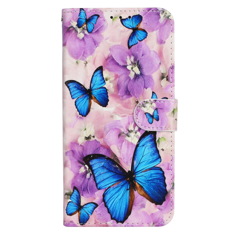 iPhone 16 Blauw Vlinders en Paarse Bloemen Strap Case