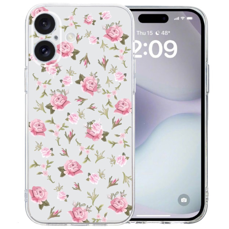 iPhone 16 Transparante Rand Roze Bloemen Hoesje