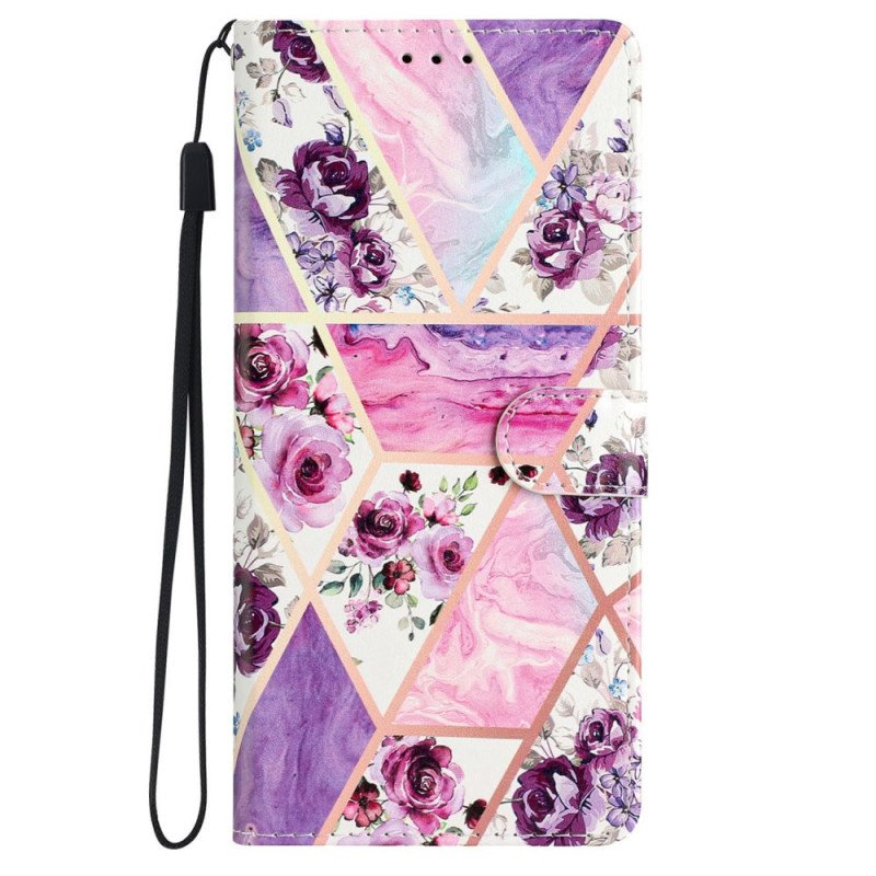 Hoesje iPhone 16 Plus Marmer Paars Bloemen met Riempje