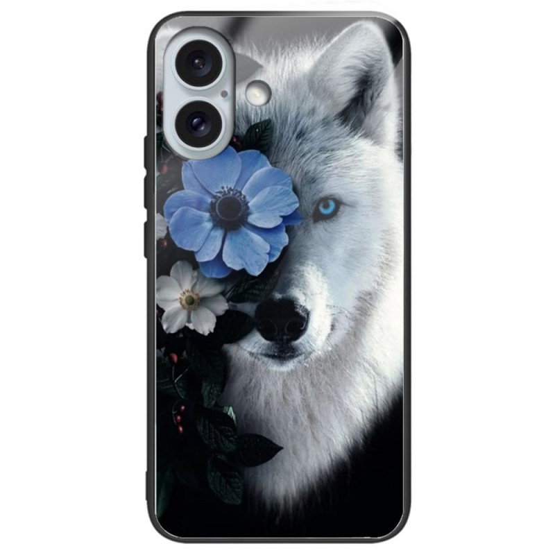 Hardcase iPhone 16 Plus Getemperd Glas Wolf en Blauwe Bloem