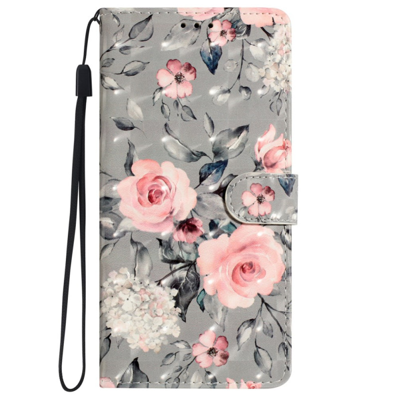 Hoesje iPhone 16 Pro Roze bloemen op grijze achtergrond met bandje