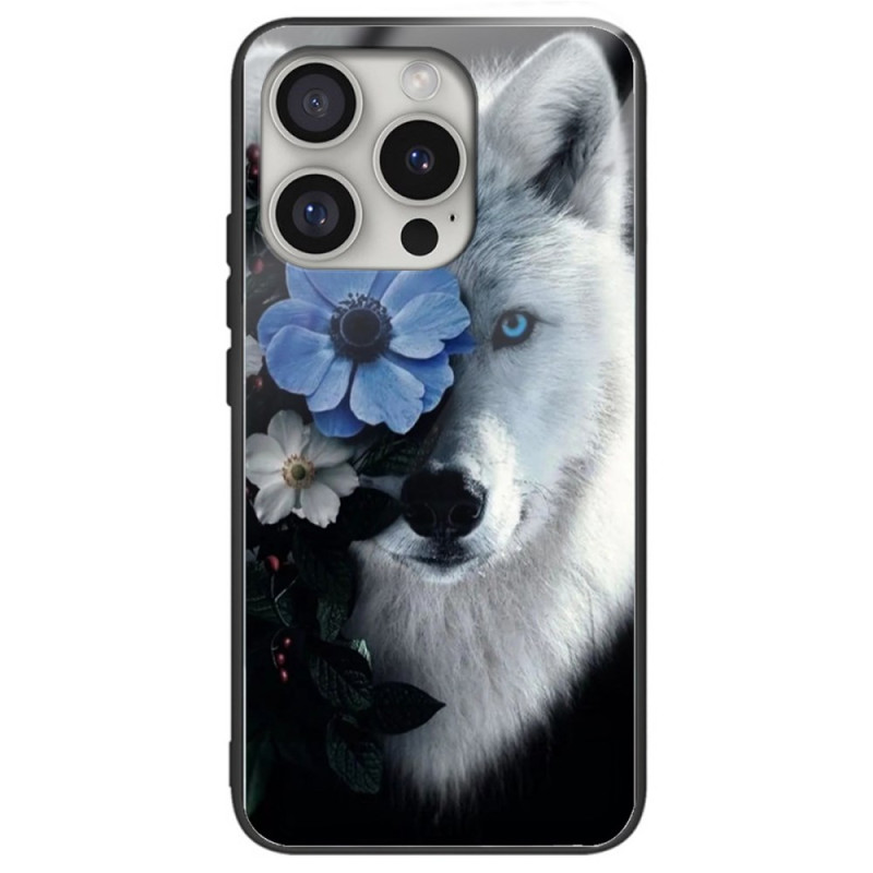 Hoesje iPhone 16 Pro Max Getemperd Glas Wolf en Blauwe Bloem