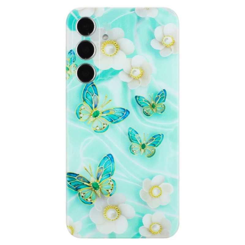 Samsung Galaxy S24 FE Etui Wit Bloemen en Groene Vlinders