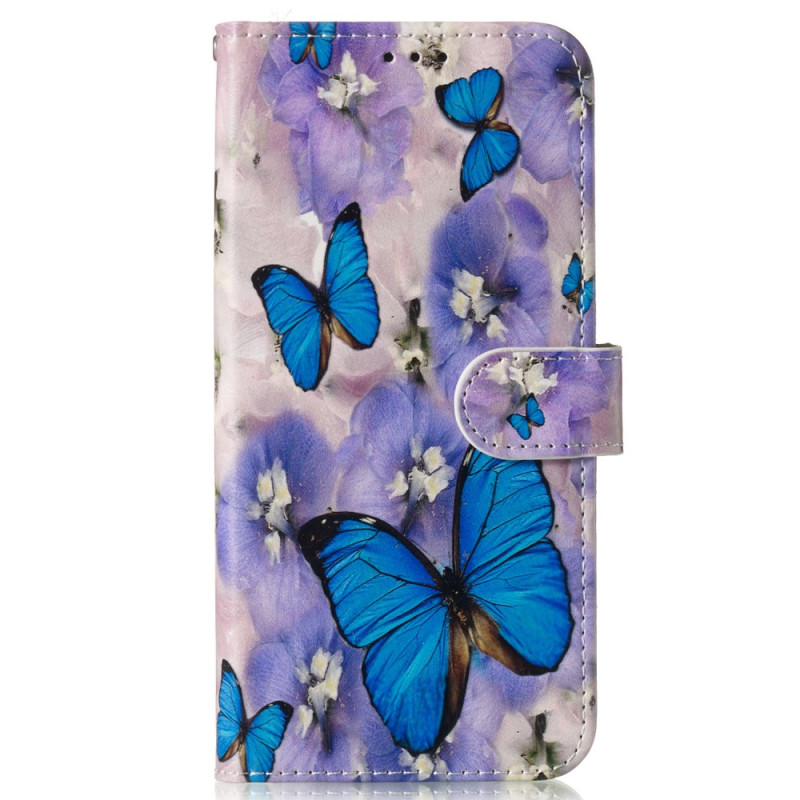 Samsung Galaxy S24 FE Hoesje Paarse Bloemen en Blauwe Vlinders