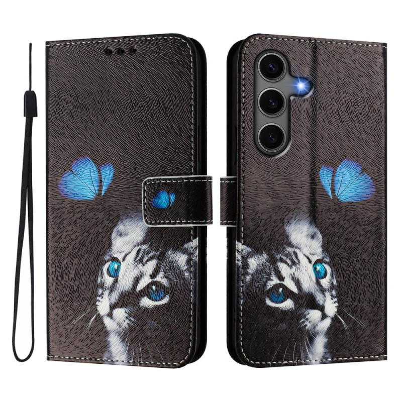 Samsung Galaxy S25 Plus 5G Hoesje Kat en Vlinder Blauw