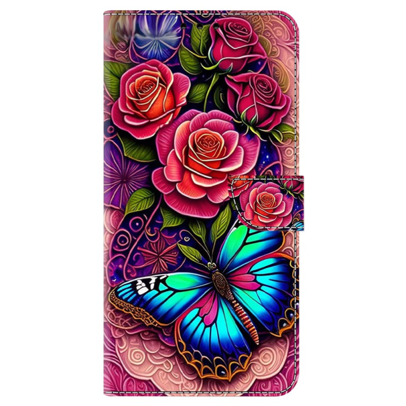 Moto G85 5G Vlinder Cyaan en Rode Bloemen Hoesje