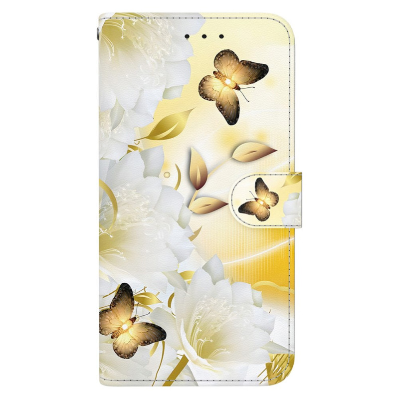 Moto G35 5G Hoesje Gouden Vlinders en Witte Bloemen