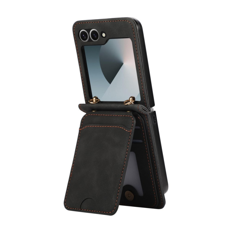 Samsung Galaxy Z Flip 7 Leren Effect Hoesje Kaarthouder en Schouderriem