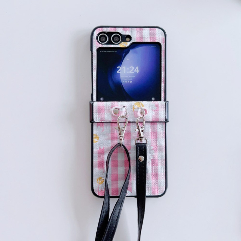Hoesje Samsung Galaxy Z Flip 7 FE / Z Flip 6 Bloem- en ruitmotieven met schouderriem