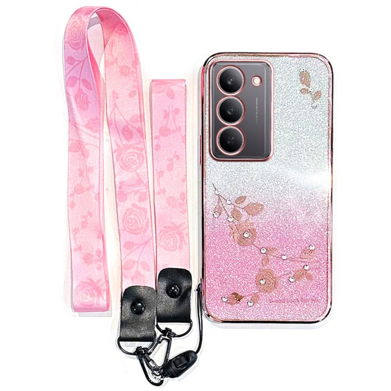 Cover Realme 14X 5G Bloemen en Strass met riem KADEM