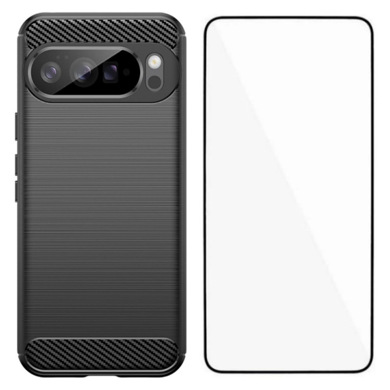 Google Pixel 10 Pro XL Geborsteld Koolstofvezel Hoesje met Screen Protector