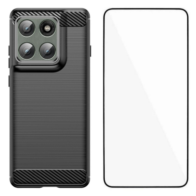 Motorola Edge 60 Pro Geborsteld koolstofvezel behuizing met gehard glas screenprotector