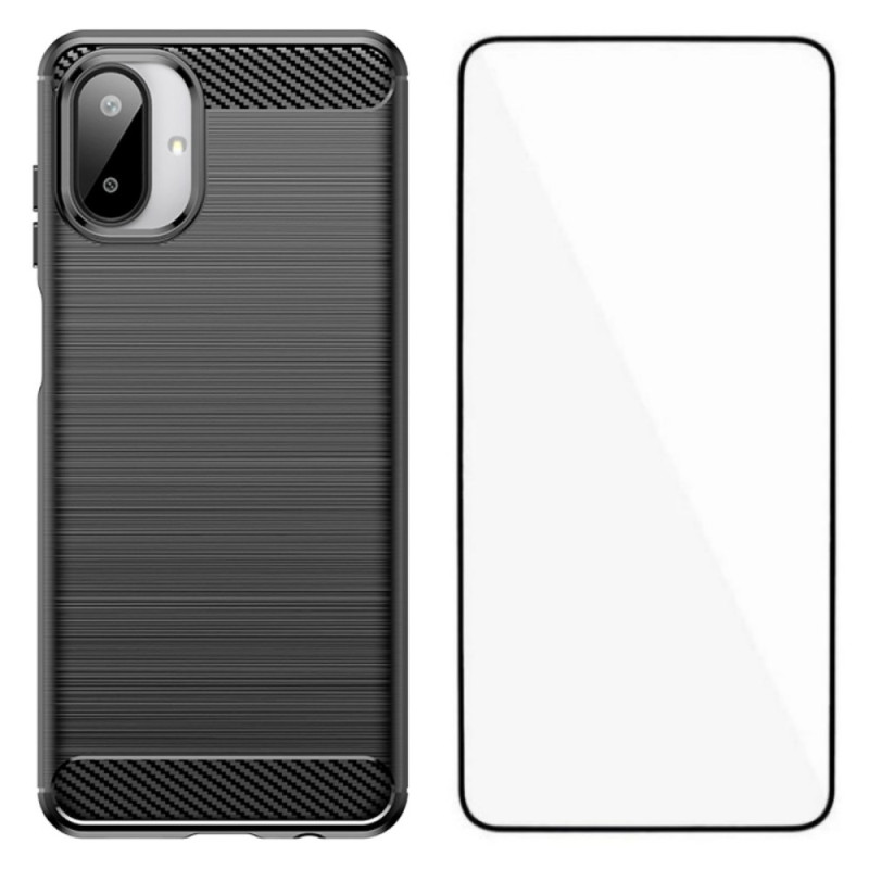 Samsung Galaxy A07 Geborsteld Koolstofvezel Hoesje met Screen Protector