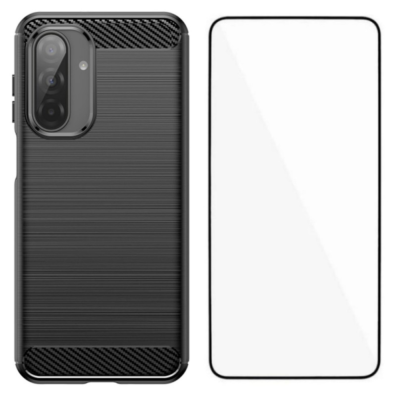 Samsung Galaxy A17 5G Geborsteld Koolstofvezel Hoesje met Beschermende Schermfolie