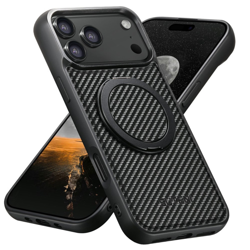 iPhone 17 Pro hoesje met roterende steun en koolstofvezelstructuur