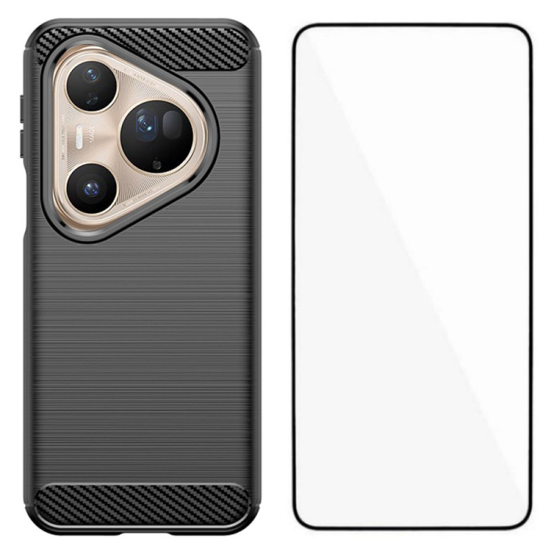 Huawei Pura 80 Ultra Geborsteld Koolstofvezel Hoesje met Screen Protector