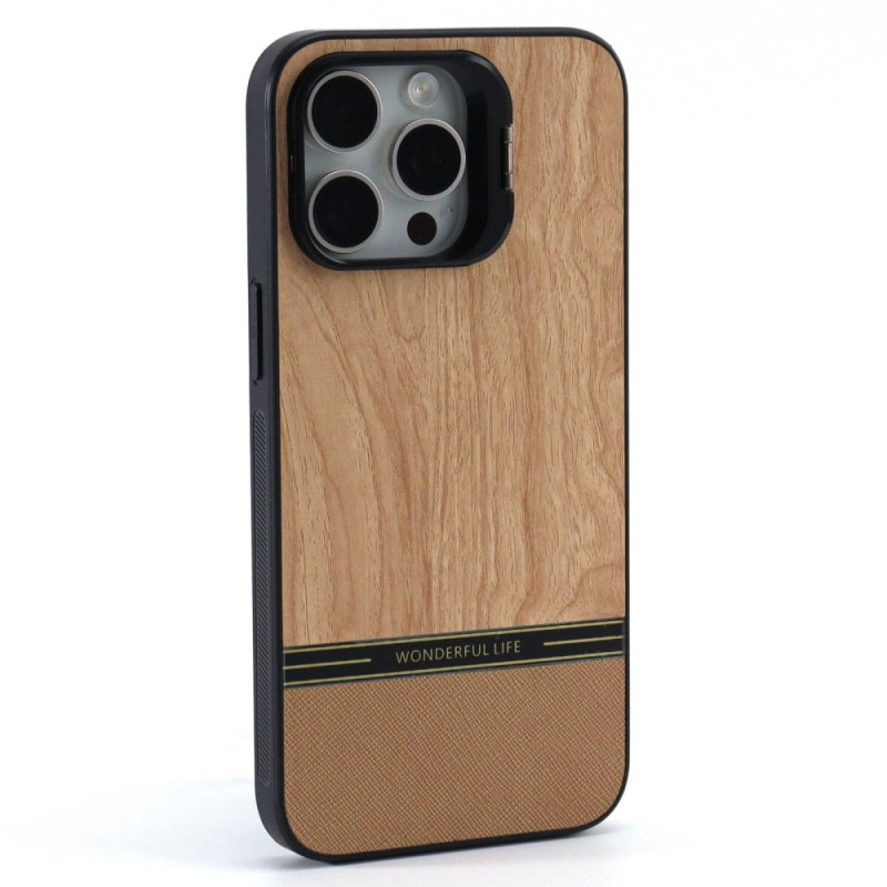 Houten effect iPhone 14 Pro Max hoes met geïntegreerde standaard