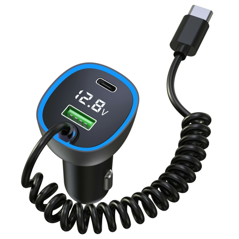 Chargeur Voiture 65W PD (USB-A/C) Rétractable avec Écran