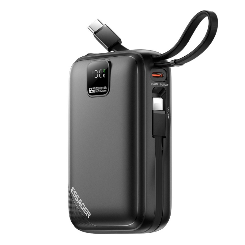 Externe Batterij 20000mAh 65W PD met Geïntegreerde USB-C Kabel ESSAGER