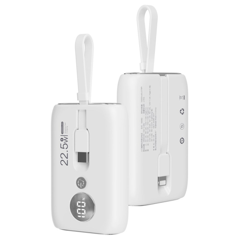 ROISKIN 10000mAh externe batterij met geïntegreerde kabels en digitaal display