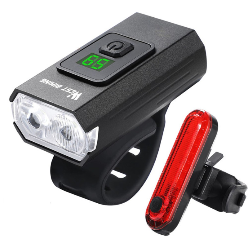 WEST BIKING USB oplaadbare fietslamp met digitaal display en achterlicht