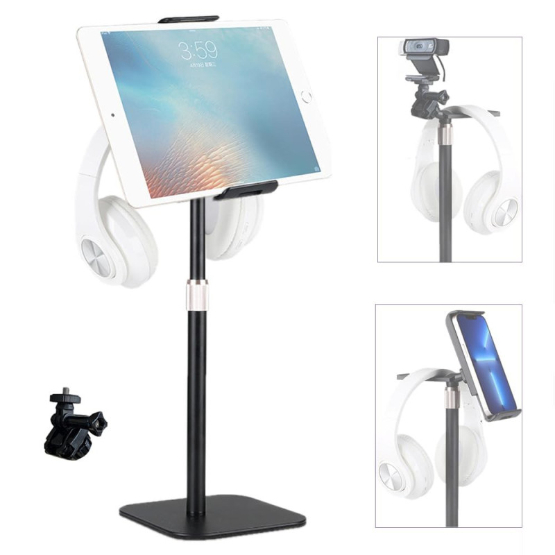 Verstelbare bureaustandaard voor telefoon en tablet met koptelefoonhouder
