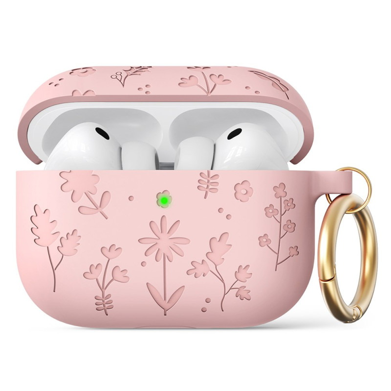 AirPods Pro 3 hoesje met bloemen in reliëf en karabijnhaak